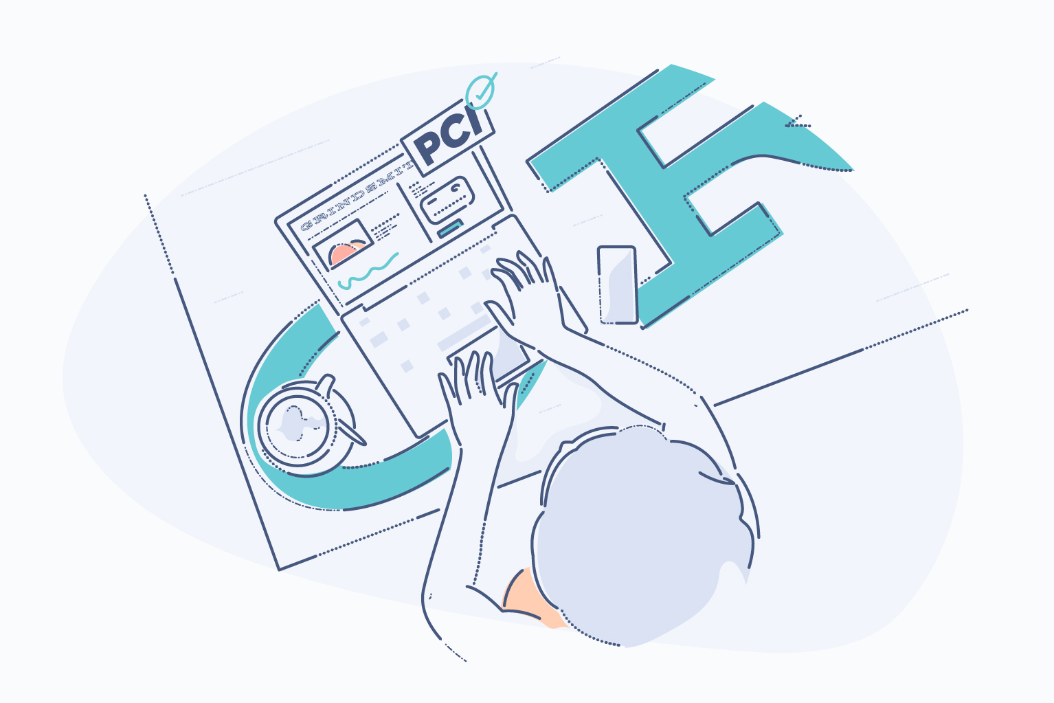 illustration of customer making payment online on computer and PCI acronym displayed with tick mark, representing PCI compliance